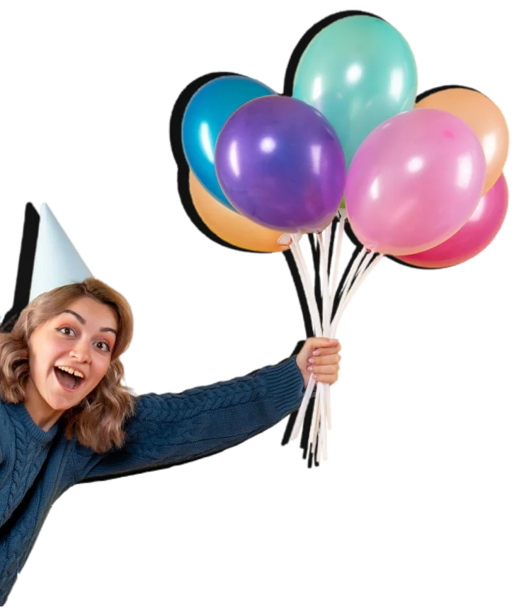 Imagen de mujer con globos en la mano